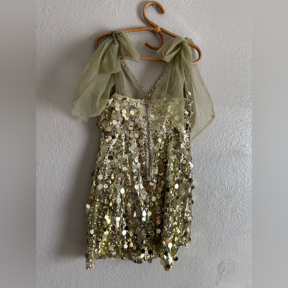 Angel Biba Mykonos Morning Tied Shoulder Sequin Mini Dress in Gold - Picture 6 of 6